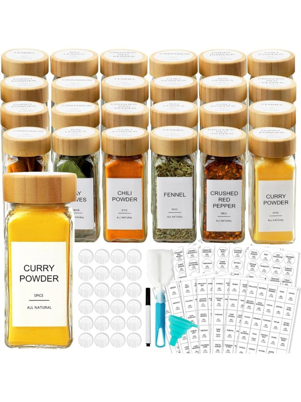 New Glass Spice Jars with 398 Labels, 24 pcs 4oz Spice Containers